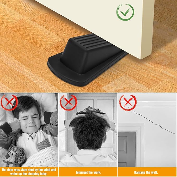 Crosize Door Stoppers for Bottom of Door, Premium Rubber Door Stops, Sturdy Door Wedge for Carpet, Tile, Concrete, Wood, Door Holder for Heavy Duty Door, Black