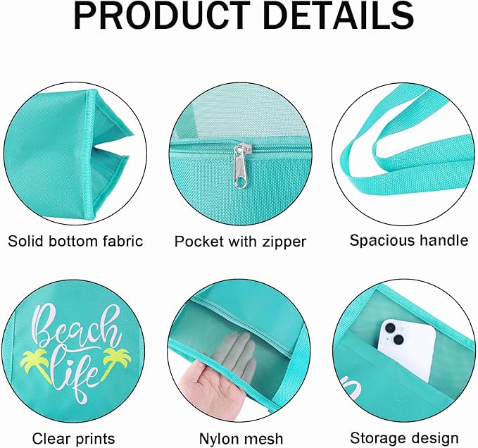 Reusable Large Beach Bags With 2 Pockets & Zipper, Lightweight Beach Tote for Poolside, Trip/swim