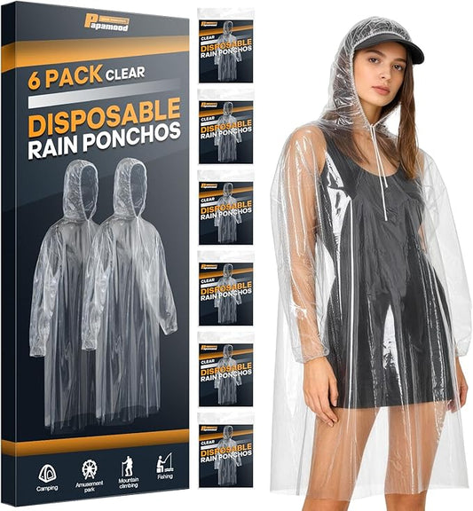 Disposable Rain Ponchos, 6 Pack Family Pack for Adults, 1MIL Thick Clear Emergency Raincoat with Drawstring Hood and Elastic Cuffs, Waterproof Rain Gear for Theme Parks Travel, and Camping