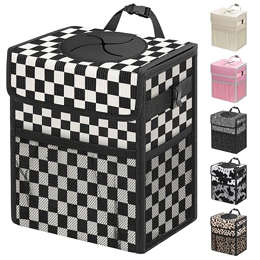 Capolo Car Trash Can with Lid, Leakproof Car Trash Bag Hanging Waterproof Automotive Garbage Can with Storage Pockets Mini Vehicle Trash Bin for Back/Front Seat(Corduroy Black Checkerboard,3 Gallon)