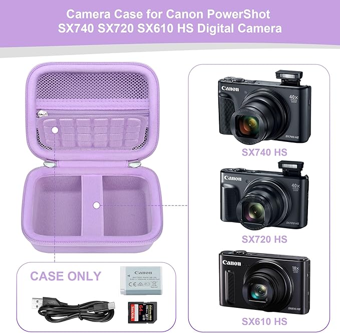 RAIALL Carrying Case for Canon PowerShot SX740/ SX730/ SX720/ SX710/ SX610/ SX260/ ELPH 360 HS Digital Camera, Vlogging Camera Travel Hard Bag, Mesh Pocket for Battery, SD Cards and USB Cable, Purple