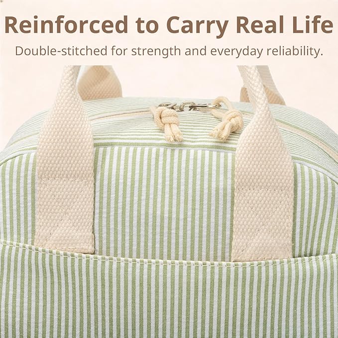 Insulated Lunch Bag for Women, Reusable Green Striped Lunch Box Cooler Bag with Large Capacity, Durable Lunch Tote for Work