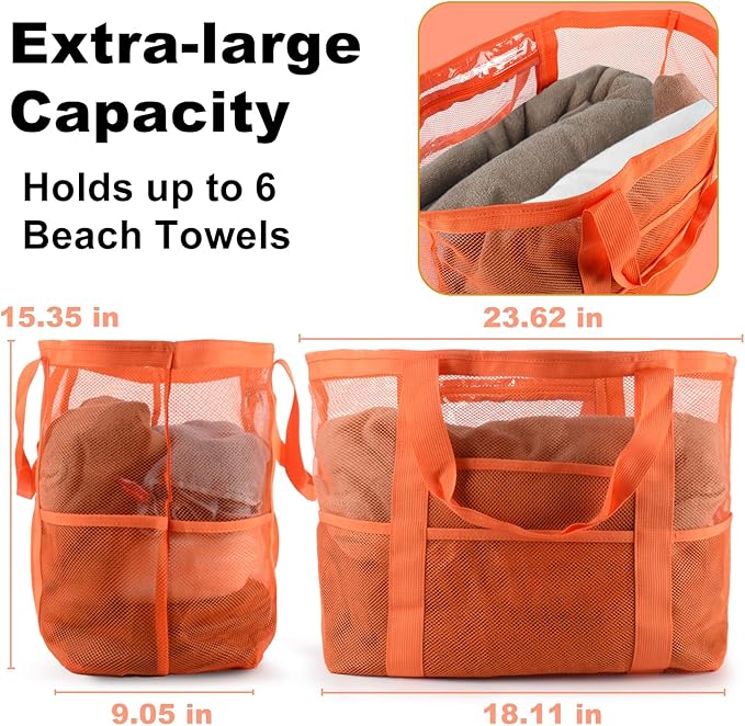 Mesh Beach Bag,Large Beach Bags for Women with 8 Pockets,Packable Tote Bag for Beach Cruise Pool Vacation Essentials