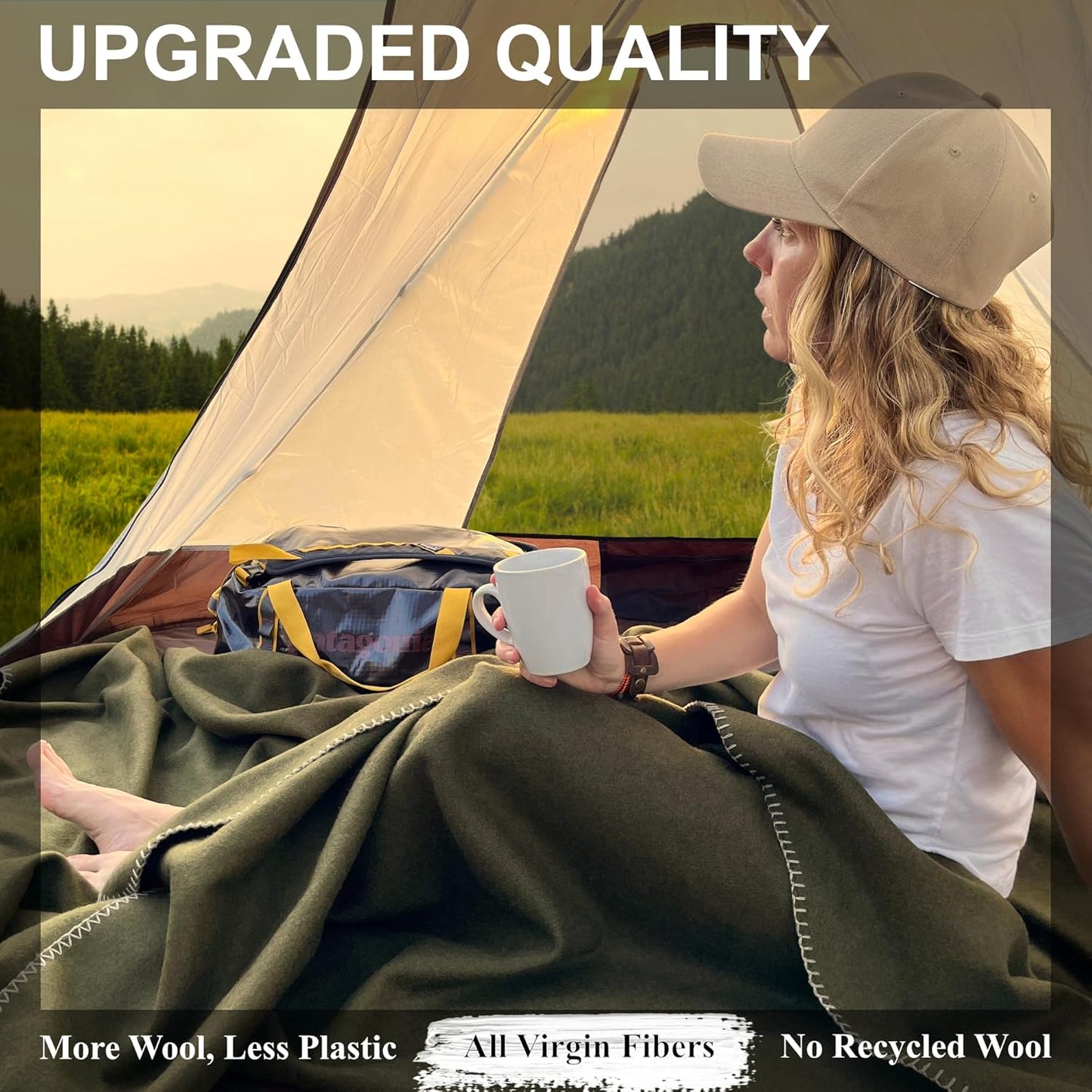 EKTOS 100% Virgin Wool Blanket, 90" x 90", Large, Warmest for Extreme Cold Camping (Olive Green, Queen Size)