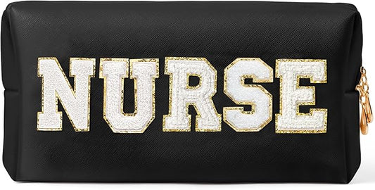 CY2SIDE NURSE Letter Makeup Bag - White Chenille Letter Patch Cosmetic Bag Black PU Leather Patch Travel Pouch Waterproof Portable Zipper Travel Organizer Case Valentines Gifts for Nurse Women