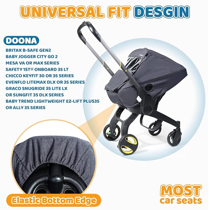 Car Seat Rain Cover with Clear Peep Window, Universal Car Seat Cover Baby with Zipper Door and Side Ventilation, All-Round Snow, Wind & Rain Canopy Waterproof Cover, Machine Washable, Grey