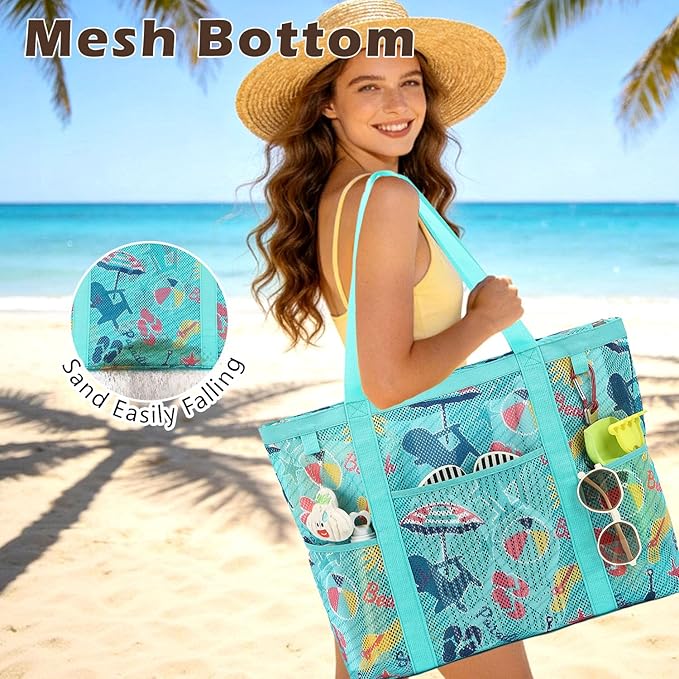 Mesh Beach Bag with Zipper, Large Beach Tote for Women, Toys Pool Swim Bag Travel Vacation Cruise Essentials