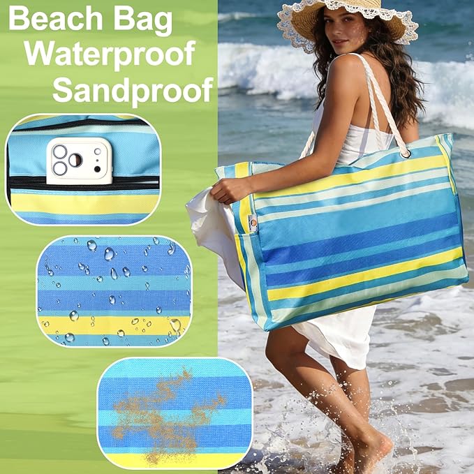 CaCTOUR Large Beach Bag Women,Beach Bags Waterproof Sandproof with Zipper Wet Pocket,Beach Tote Pool Bag for Swim Gym Travel