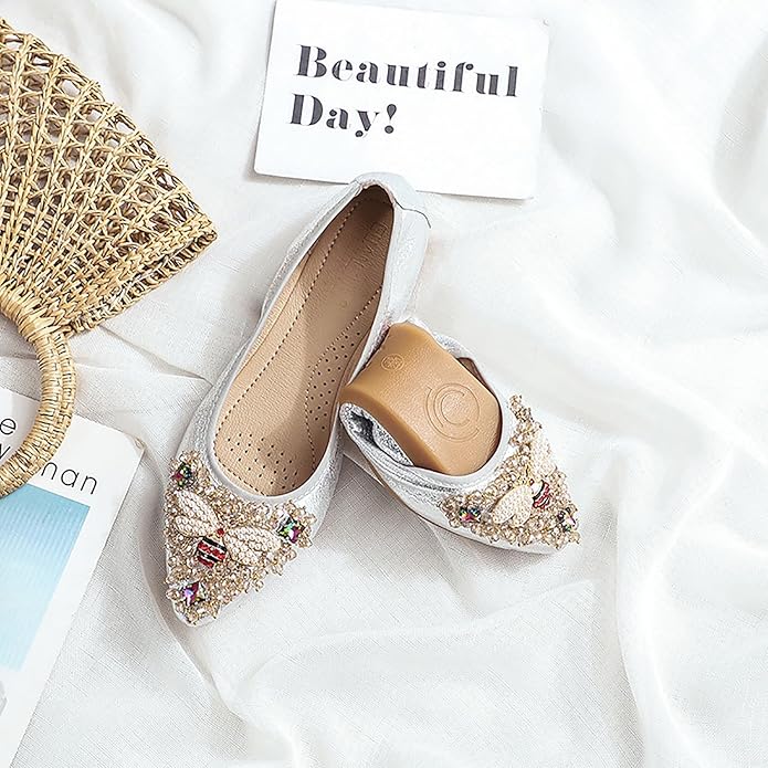 Women Ballet Flats Sparkly Rhinestone Wedding Ballerina Shoes Pointed Toe Foldable Comfort Slip on Flat Dress Shoes