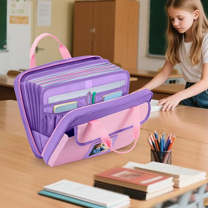 Zipper Document Bag for Boys and Girls, 9 Expandable Folders, Baby Portfolio Organizer Case with Customized Photo and Name Areas, Pink