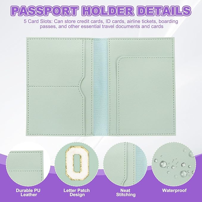 PATIKIL Passport Holder for Travel, Initial Passport Cover and Luggage Tag Set with Alphabet Chenille Letter Patch Travel Wallet Bag Suitcase Identifier for Women Family Travel Green O