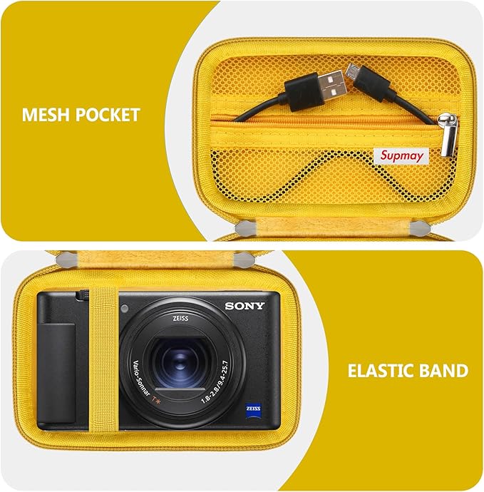 Hard Travel Case for Sony ZV-1F / ZV-1 / ZV-1 II Digital Camera, Storage Holder Travel Bag with Zipper Mesh Pocket for Battery Pack, Charging Cable, USB Card, Yellow