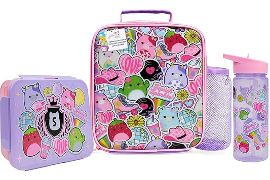 Get Trend Squishmallows Lunch Bag, Lunch Box, Water Bottle for Kids 3 Piece Set Bento Box, Insulated Snack Container, Meal Holder Gifts for Kids (Multi Squishmallows)