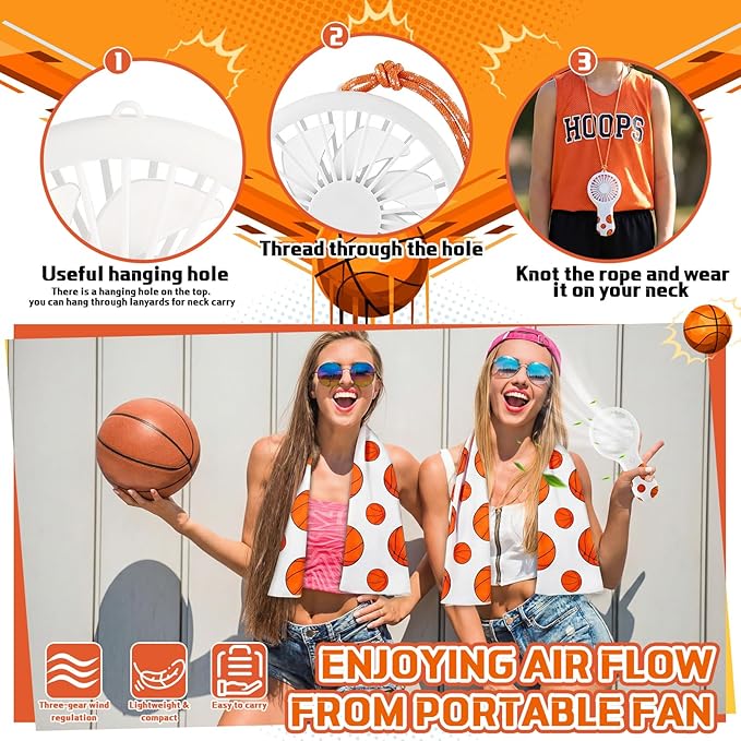 Woanger 24 Pcs Basketball Cooling Towels and Fans Sets Mini Handheld Fans Bulk 3 Speeds USB Lash Towel for Sporting Basketball Gifts for Team Games Party Favor
