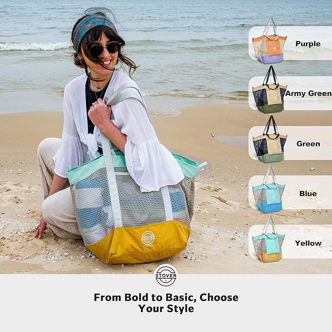 STOVER Extra Large Mesh Beach Bag, Vacation, Pool, Shopping & Travel Tote - Foldable w/Storage Pouch & Pockets for Women, Men