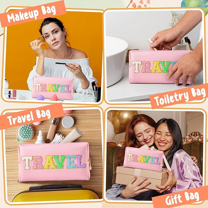 CY2SIDE TRAVEL Letter Makeup Bag - Colorful Chenille Letter Patch Cosmetic Bag Pink PU Leather Patch Pouch Waterproof Portable Zipper Travel Organizer Christmas Idea Gifts for Women Girls, Pink