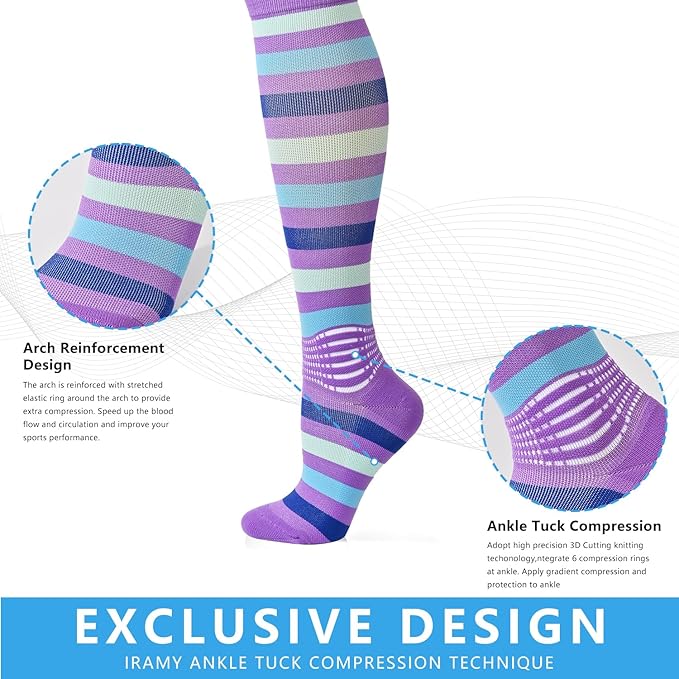 IRAMY Compression Socks Women Ankle Support Gradient Compression Wicking Moisture Knee High Socks 3 Packs