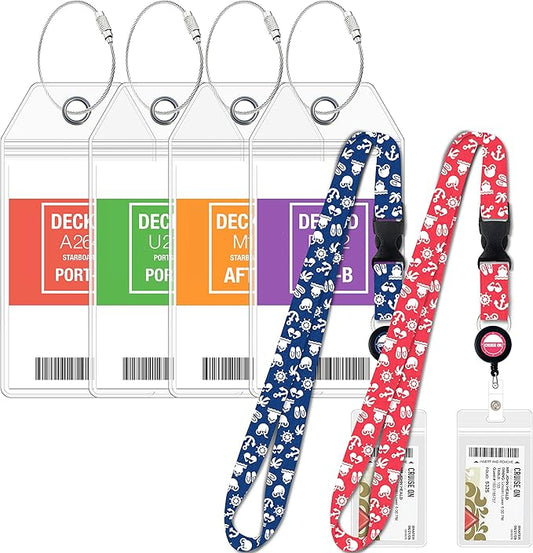 Carnival Cruise Luggage Tag Holders (4 Pack) & Lanyards (2 Pack), Large, Clear & Waterproof, Cruise Essentials 2026-2027 for Ship Cards & Baggage – Durable Travel Accessories (Blue and Pink Icons)