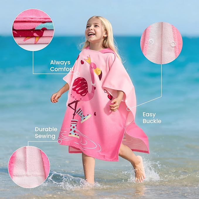 Joiedomi Kids Beach Towels with Hood for Girls Flamingo Hooded Toddler Bath Towel Quick Dry Soft Microfiber 30"x30"