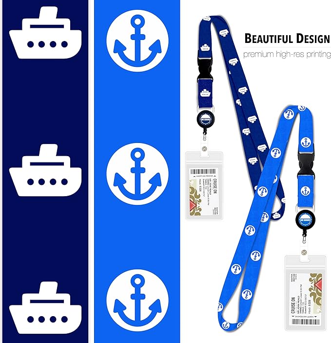 Cruise On Cruise Lanyard for Ship Cards – 2-Pack Retractable Badge & Waterproof Key Card Holder for Ship Cards – Cruise Essentials 2026-2027, Perfect for Travel & Vacation (Blue Ship & Royal)