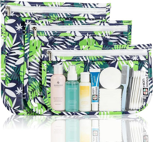 TSA Approved Toiletry Bag, Set of 3 Clear Travel Toiletry Bag Quart Size Zipper Travel Pouch, Waterproof Makeup Cosmetic Bag for Women Men Kids Toiletries Carry on, Green Leaves