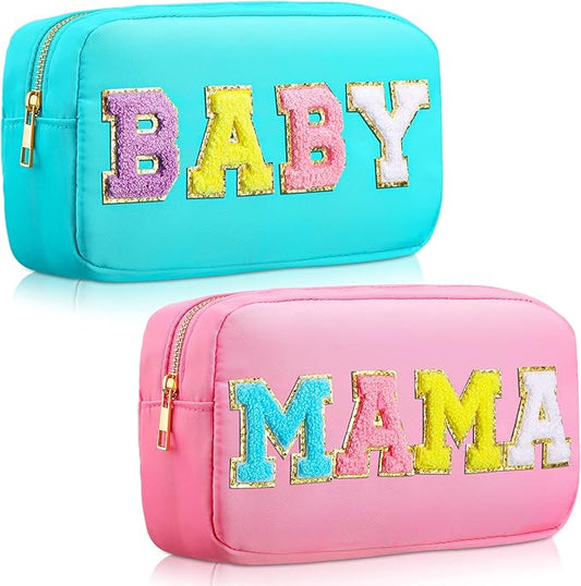 Sanwuta 2 Pieces Mama Gifts Makeup Bag Mom Pouch Birthday Gifts Nylon Cosmetic Bag Mothers Day Appreciation Toiletry Preppy Patch Chenille Letter for Women Her New Mom(Pink, Blue,Baby and Mama)
