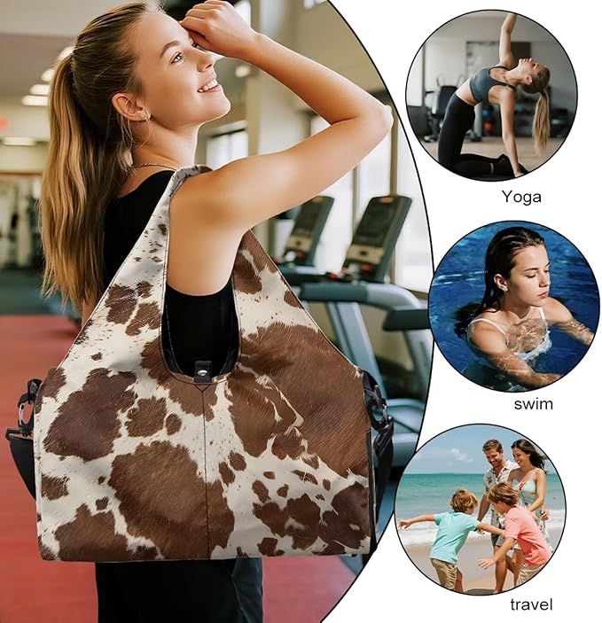 Brown Cow Print Lightweight Gym Bag for Women with Shoe Compartment Sports Carry On Weekender Duffel Bag for Sports, Overnight, Swim, Travel Duffel Bags