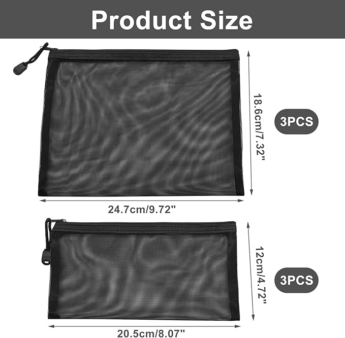 6 Pack Black Nylon Mesh Cosmetic Bags, Durable Zipper Pouches for Travel, Organizers for Purse, Diaper Bag, and Toiletries(Includes 3 A5 and 3 A6 Sizes)