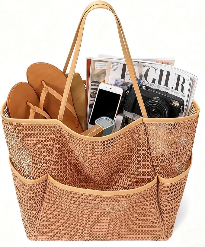 Large Beach Bags for Women, Mesh Beach Tote with Zipper, Foldable Pool Tote Bag Travel Beachbag Waterproof Sandproof