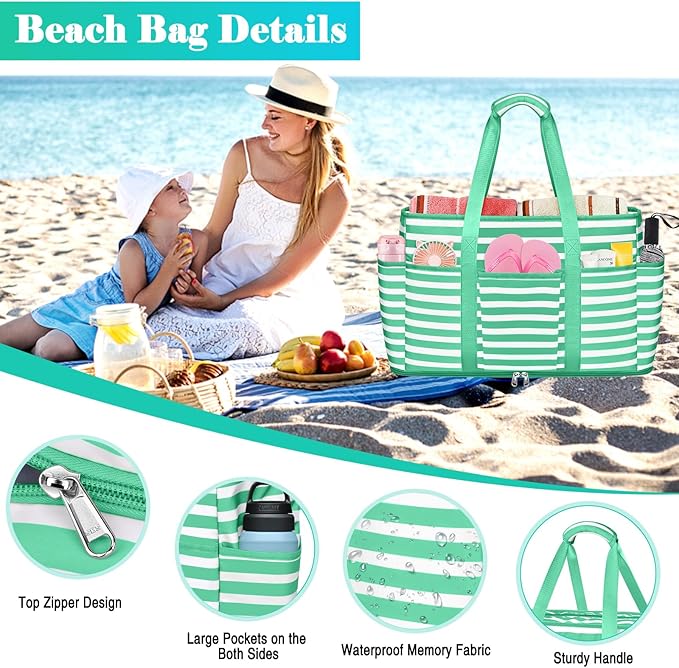 Large Beach Bag with Zipper, 12 Pockets Waterproof Sandproof Pool Bag Womens Mesh Beach Tote Bag for Travel Vacation