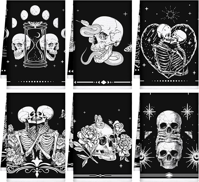 Bencailor 6 Pcs Skull Kitchen Towels Gothic Skeleton Dish Hand Towels Horror Skull Tea Washcloth for Bathroom Kitchen Goth Decor Gifts 24 x 16''