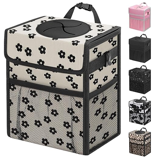 Capolo Car Trash Can with Lid, Leakproof Car Trash Bag Hanging Waterproof Automotive Garbage Can with Storage Pockets Mini Vehicle Trash Bin for Back/Front Seat(Corduroy Black Flower,3 Gallon)