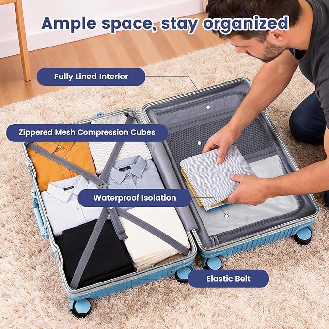 Zipperless Suitcase, 28 Inch Checked Luggage, Hardshell Aluminum Frame Polycarbonate Luggage with Phone Holder, Cup Holder, Charging Port, TSA Lock, Spinner Wheels for Vacations, Blue