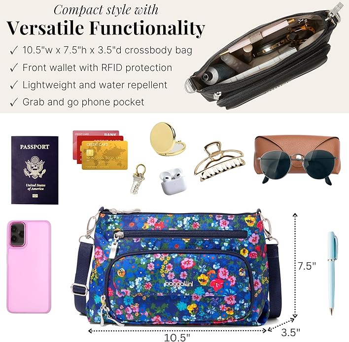 Baggallini Original Everyday 11x7.5 Crossbody Bags Rfid Protected Lightweight Nylon Zippered Travel Purse