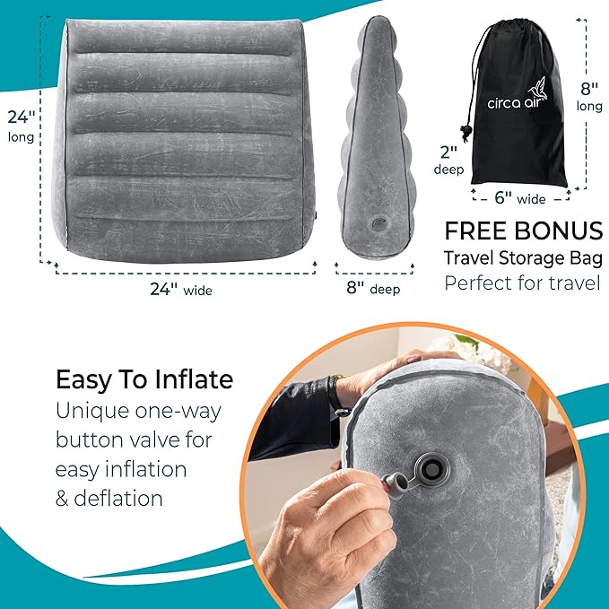 Circa Air Inflatable Wedge Pillow for Traveling - Travel Wedge Pillows for Sleeping in Bed, Acid Reflux, Sleep Apnea, Snoring for Back, Knee, Leg Elevation and Side Sleepers, Blow up Cushion