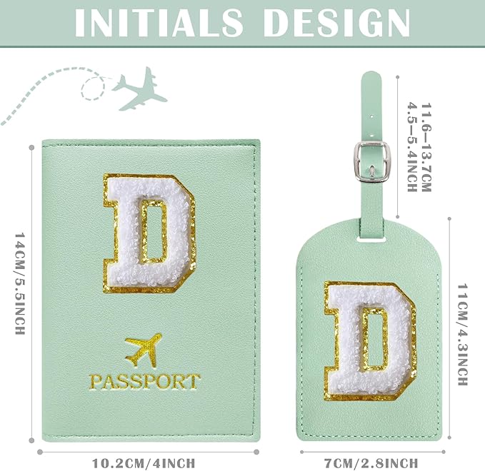 COSHAYSOO Green Initial Passport Cover and Luggage Tag Set for Women Teen Girls Teal Letter D