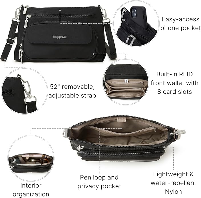 Baggallini Original Everyday 11x7.5 Crossbody Bags Rfid Protected Lightweight Nylon Zippered Travel Purse