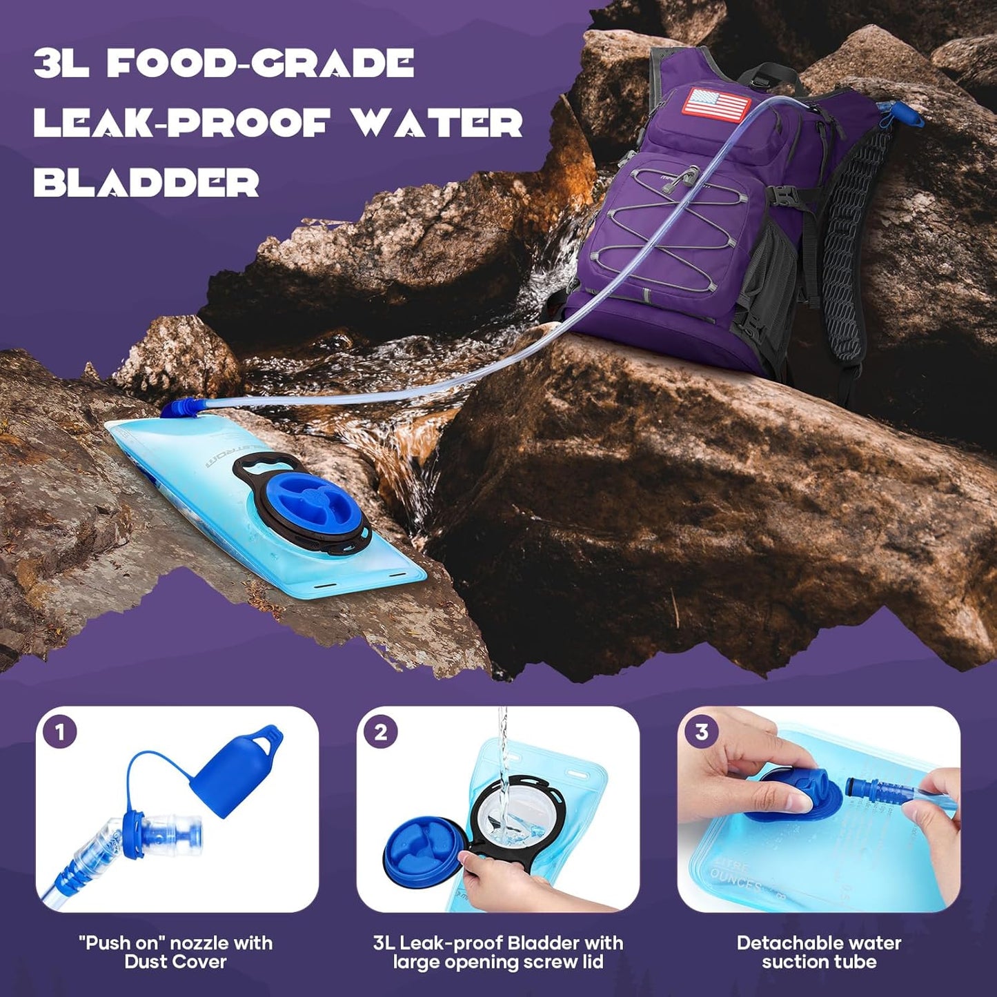 Maelstrom Hydration Hiking Backpack with 2L/3L Water Bladder, High Flow Bite Valve Camping Daypack Lightweight