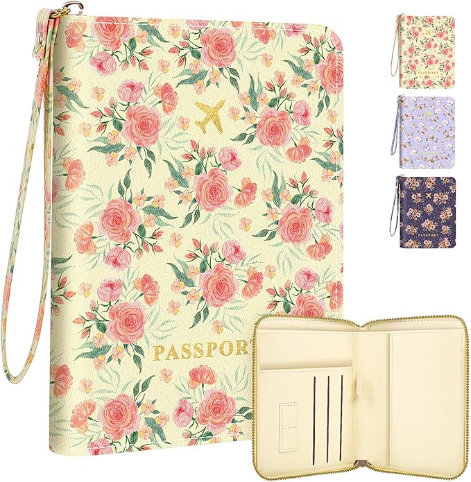 Passport Holder, Passport Holder For Travel, Passport Cover For Travel Essentials, Passport Wallet Cover RFID Blocking, Cute Passport Book for Women and Men, Pink Flowers