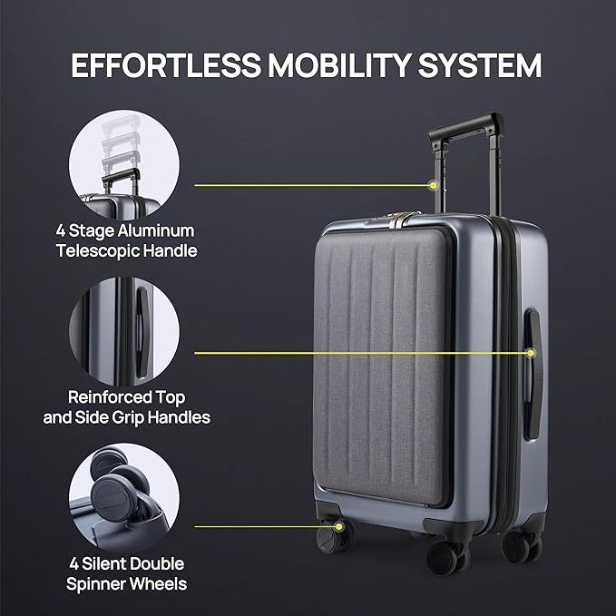 NINETYGO Carry On Luggage 22X14X9 Airline Approved with Front Pocket, 20 Inch Luggage with Front Compartment, Expandable, Double Spinner Wheels, Hardsided PC, TSA Lock (Midnight Black, Seine Max)