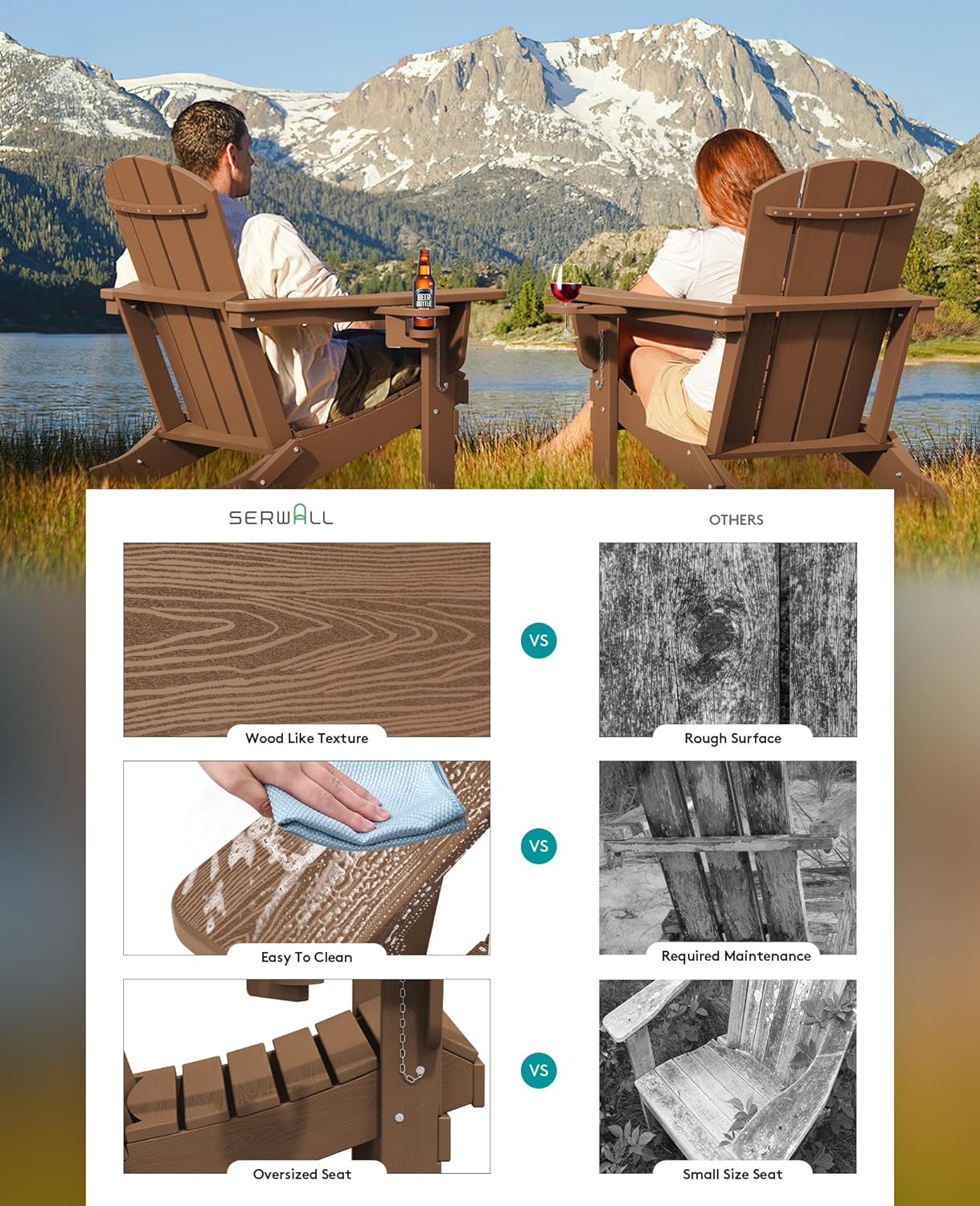 SERWALL Adirondack Chair with Cup Holders - Composite Adirondack Chairs Set of 2 HDPE Outdoor Chairs All Weather Use- Brown