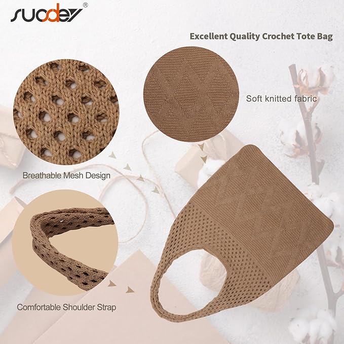 SUOSDEY Crochet Mesh Beach Tote Bag, Knit Summer Vacation Aesthetic Boho Tote Bag for Women