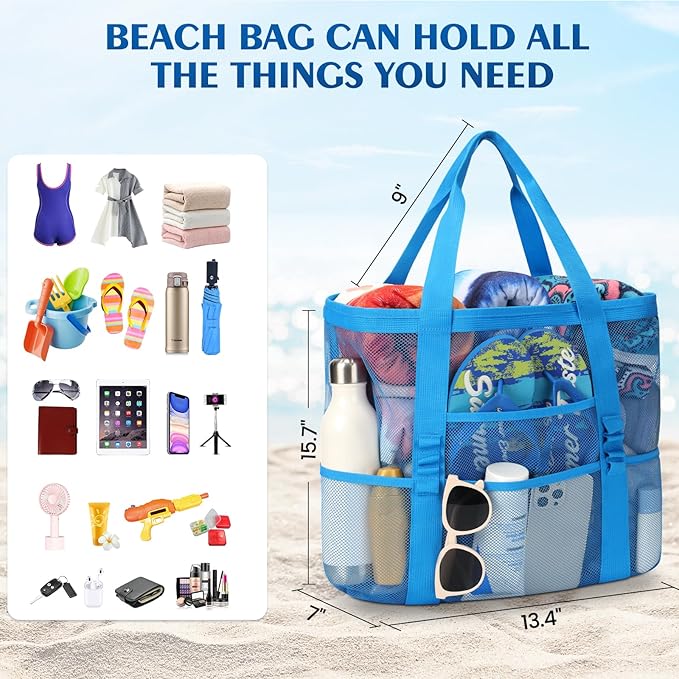 Beach Bag - Mesh Beach Bag Large 8 Pockets, Beach Tote Bag Beach Essentials for Vacation Must Haves