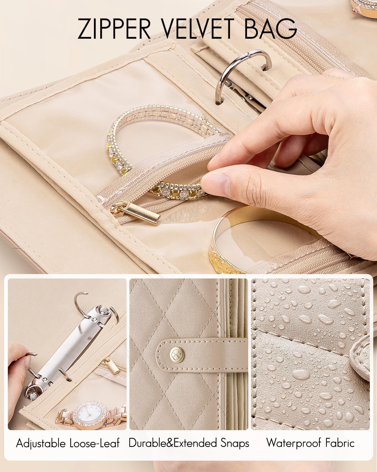 Vlando Travel Jewelry Organizer Case,Teacher Appreciation Gifts,Jewelry Storage Book Ring Binder with Clear Zipper Velvet Pouch Bag for Traveling,Rings,Necklace,Earrings,Bracelets,Brooches-Toffee
