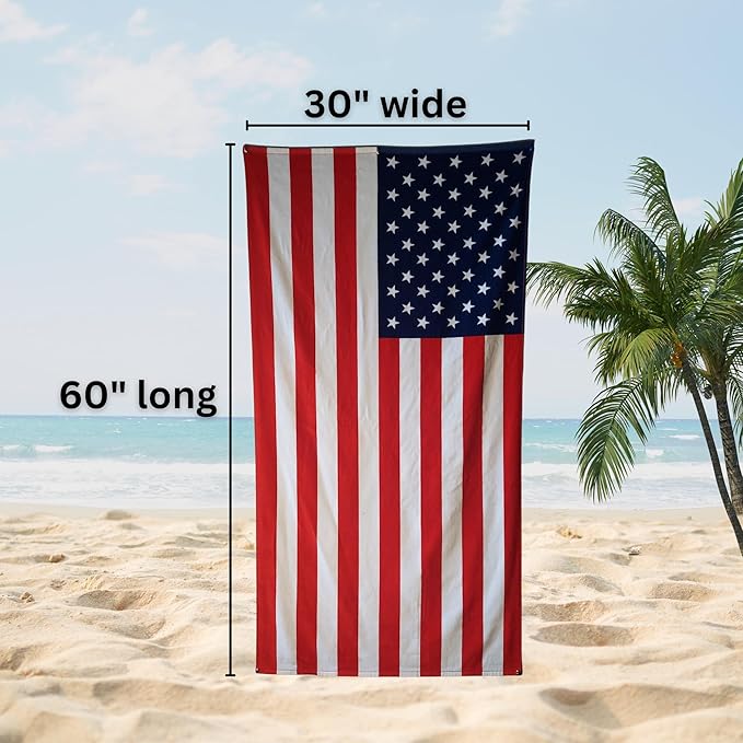 USA American Flag Beach Blanket Towel 30”x60” – 100% Cotton Velour, Highly Absorbent, Fast Drying, Easy-Pack for Spring Break, Vacation, Beach, Pool, or Sunbathing, Lightweight, Compact