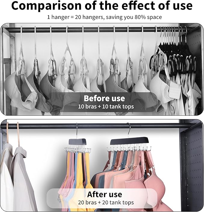 Bra Hangers for Closet Organizer,Tank Top Hanger with 40 Hooks,Space Saving Wooden Adjustable Hangers,Closet Organizers and Storage Suitable for Dorm, Apartments, Tank Tops, Bras, Hats