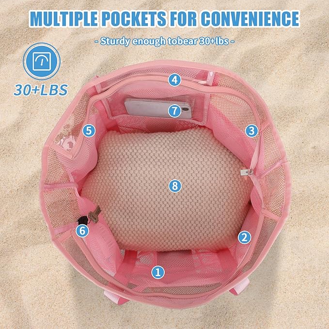 Mesh Beach Bag, Foldable Extra Large Beach Bags with Zipper Pool Bag with Portable Phone Pouch for Vacation Pool