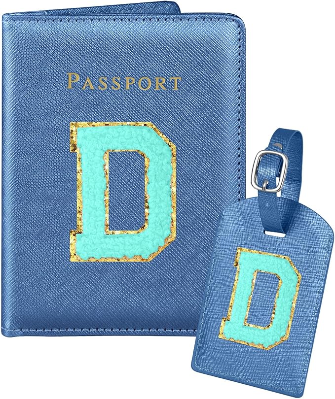 Slohif Passport Holder Initial Lugguage Tag Set Suitcase Cover Wallet Case for Travel Women - Leather Letter Passport Book Personalized Organizer Card Protector Sleeve Essentials Slim Carrier Blue D