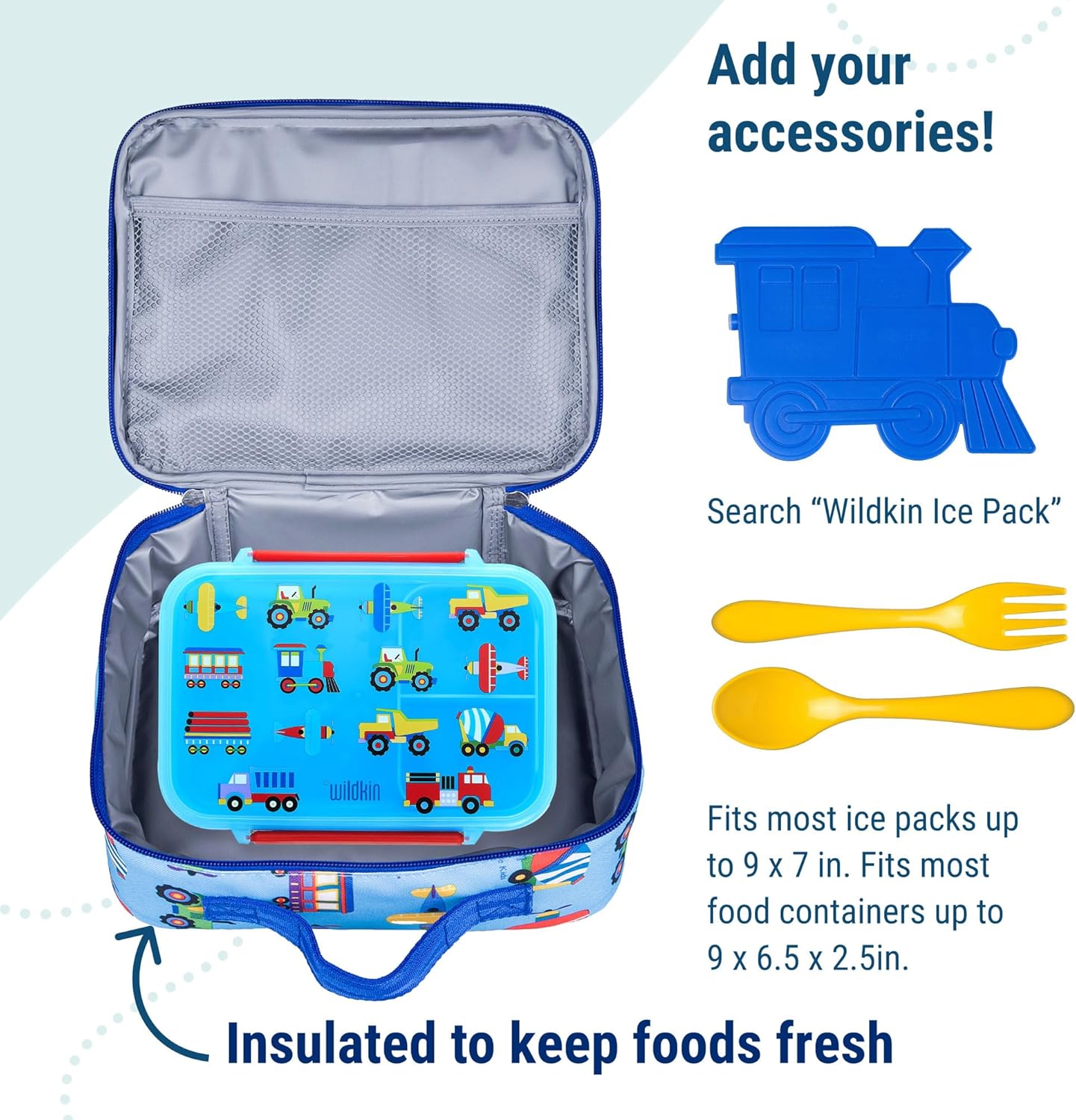 Wildkin Kids Insulated Lunch Box – Durable and Reusable for School & Travel - Trains, Planes, and Trucks