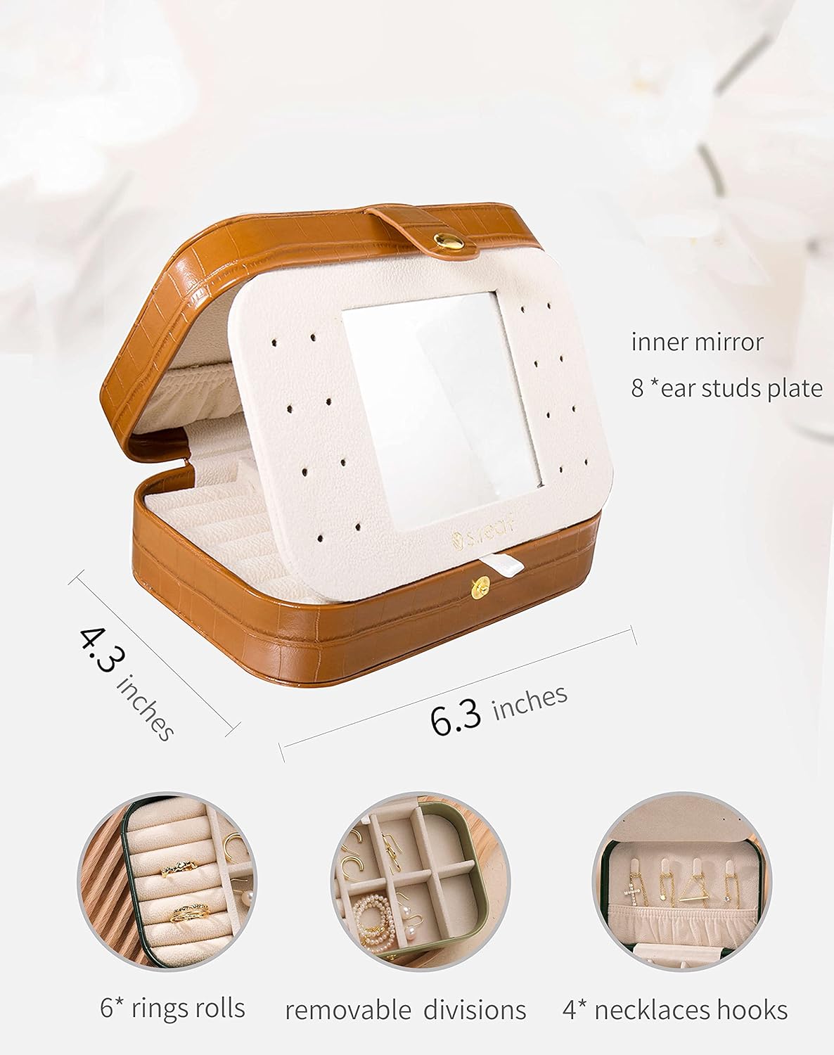 S.Leaf Travel Jewelry Organizer Travel Jewelry Boxes for Women Small Jewelry Travel Case Box Portable Travel Jewelry Case Travel Case Mini Jewelry (15_Crocodile_Brown_Big)
